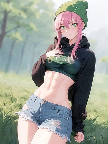 Freckled Cutie in Green Clothes and Oversized Hoodie Seduces in Hentai AI Image