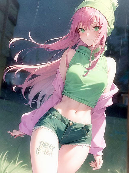 Green Hoodie and Pastel-Colored Outfit in Seductive Hentai AI Image