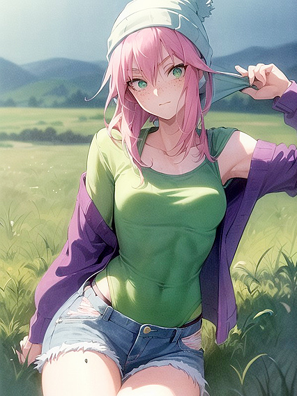 Freckled Beauty in Green Clothes and Oversized Hoodie for Steamy Hentai AI Image