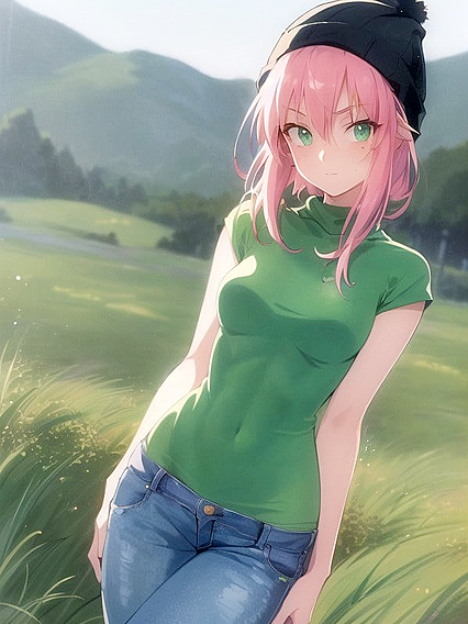 Freckled Girl 18+ in Oversized Hoodie and Green Outfit Tempts in Hentai AI Image
