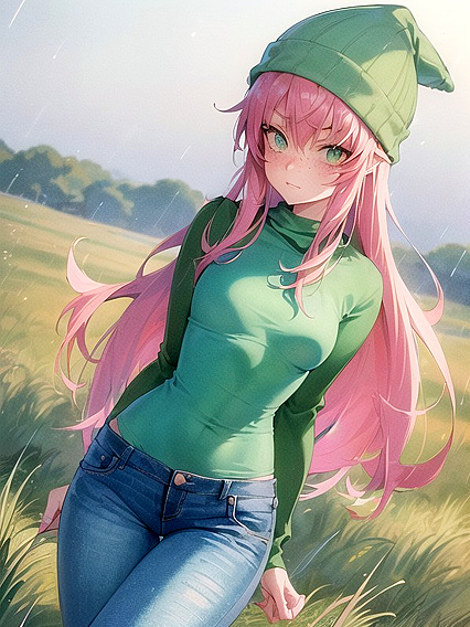 Freckled Girl 18+ in Green and Pastel Colors Takes on Sensual Hentai AI Image