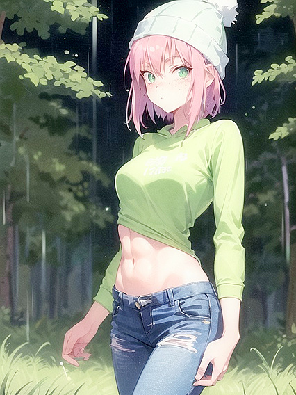 Green Hoodie and Pastel-Colored Outfit in Seductive Hentai AI Image