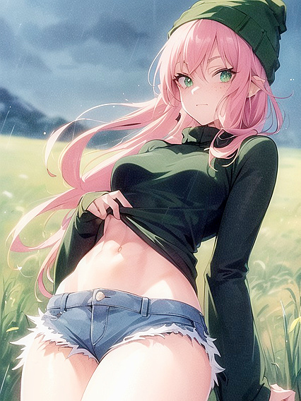 Freckled Girl 18+ in Green Clothing Wears Extra Large Hoodie for Steamy Hentai AI Image