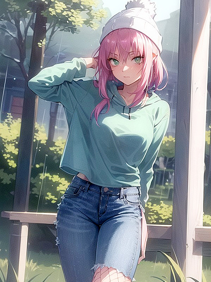 Freckled Cutie in Green Clothes and Oversized Hoodie Nails Hentai AI Image