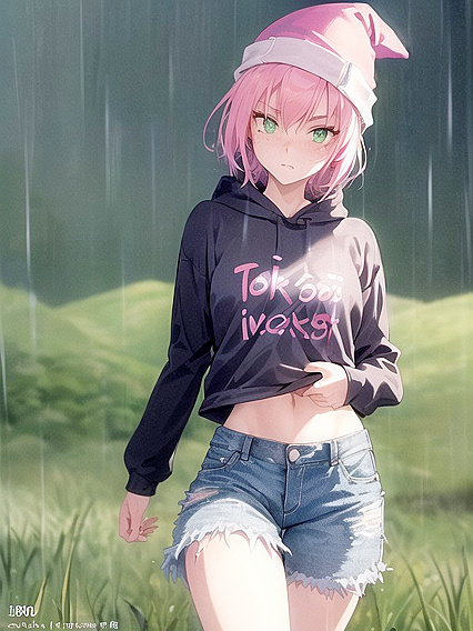 Freckled Beauty in Green Clothing Wears Extra Large Hoodie for Hot Hentai AI Image