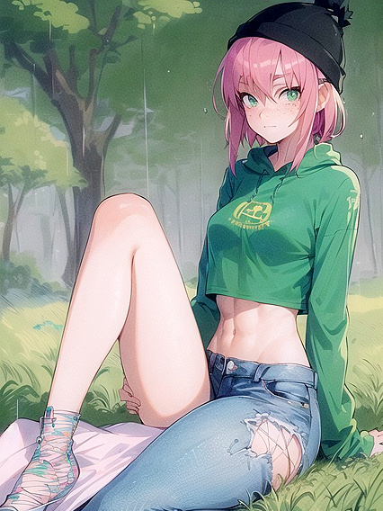 Freckled Girl 18+ in Green Clothing Wears Extra Large Hoodie for Steamy Hentai AI Image