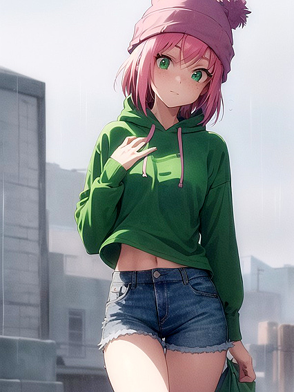 Freckled Beauty in Green Clothes and Oversized Hoodie for Steamy Hentai AI Image