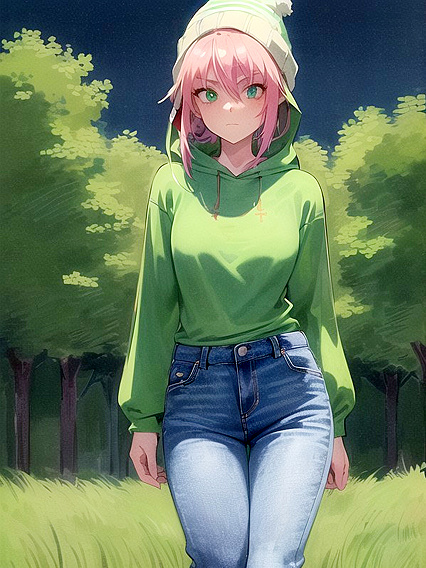 Freckled Beauty in Green Clothes and XL Hoodie for Steamy Hentai AI Image