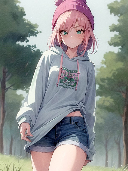 Wearing Pastel Colors and a Giant Hoodie for Steamy Green Outfit Hentai AI Image