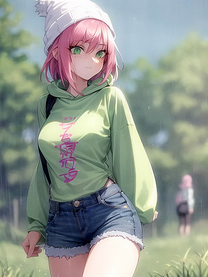 Freckled beauty in green pastel attire seduces in hentai ecstasy