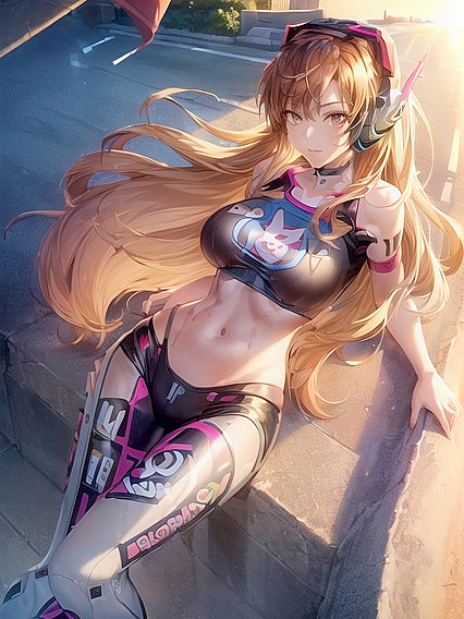 Sunset Seduction - Playful Smirk and Neon Pink Glow Enhance Her Alluring Features