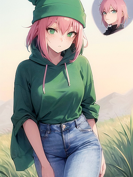 Freckled Cutie in Pastel-Colored Oversized Hoodie Enjoying Steamy Hentai AI Image