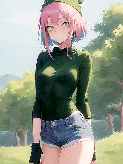 Freckled Girl 18+ in Green Clothes Wears Oversized Hoodie for Sexy Hentai AI Image
