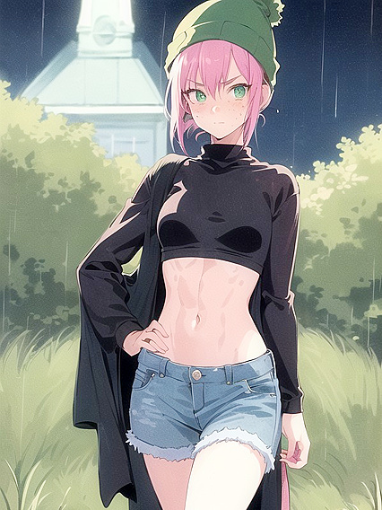 Pastel-Colored Cutie in Green Hoodie seduces You in Busty Hentai AI Image