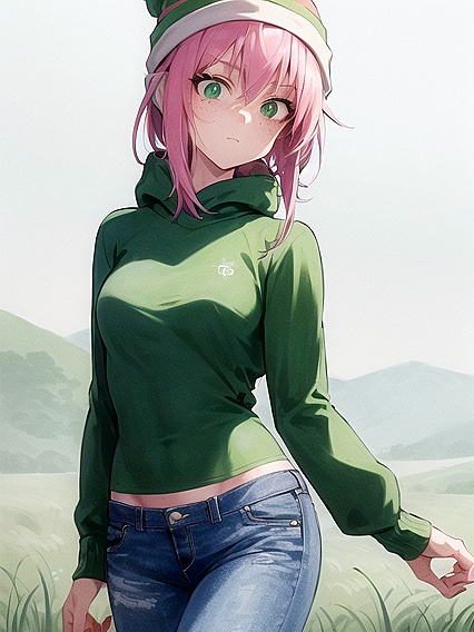 Freckled Beauty in Green Outfit Exploring Pastel-Colored Hentai Pleasures
