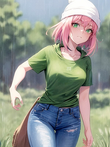 Freckled Beauty in Extra Large Hoodie and Green Outfit seduces in Hentai AI Image