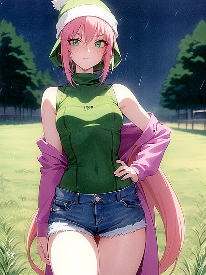 Freckled Beauty in Green and Pastel-Colored Outfit for Sensual Hentai Pleasure