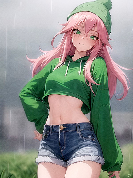 Freckled Beauty in Green Outfit Exploring Pastel-Colored Hentai Pleasure