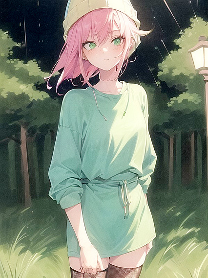 Freckled Girl 18+ in Green Clothes and Oversized Hoodie Gets naughty in Hentai AI Image