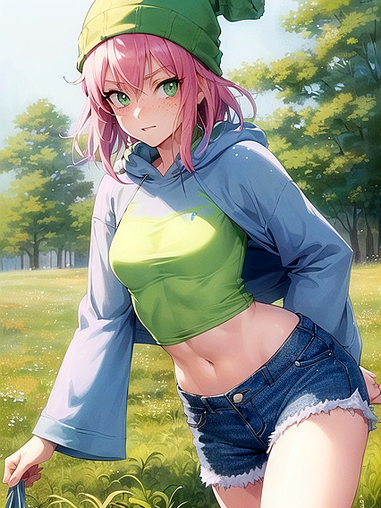Freckled Beauty in Green Outfit Enjoying Pastel-Colored Hentai Pleasure