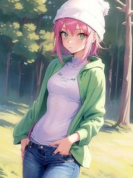 Freckled Beauty in Green Outfit Exploring Pastel-Colored hentai Pleasures