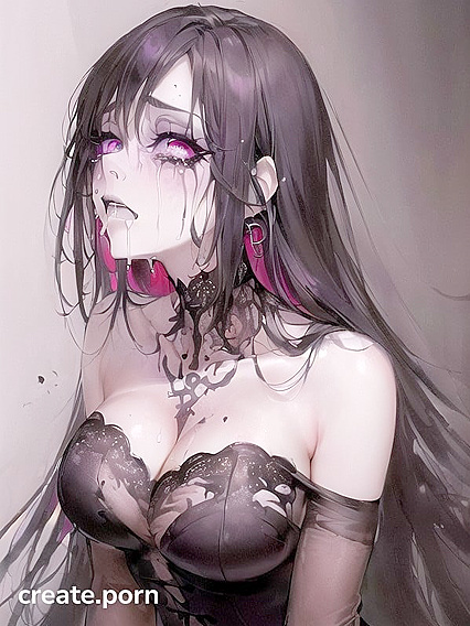 Goth Bride Tears Clothes, Smudged Makeup, Sad Mouth Open and Drooling for Kneeling Blowjob Hentai