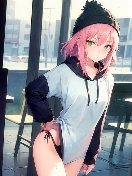 Freckled Chick in Oversized Hoodie and Green Outfit Seduces in Hentai AI Image