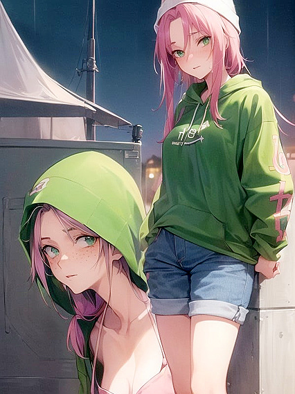 Freckled Beauty in Extra Large Green Hoodie forSTEAMY Hentai AI Image