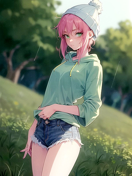 Freckled Girl 18+ in Green and Pastel-Colored Outfit EnjoysSTEAMY Hentai AI Image