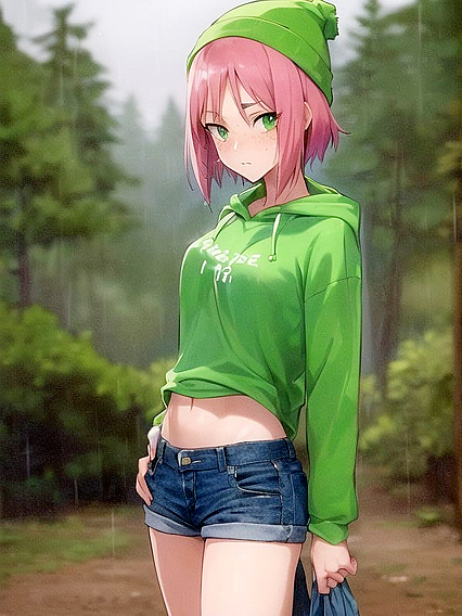 Freckled Beauty in Green Clothes and Oversized Hoodie for Steamy Hentai AI Image