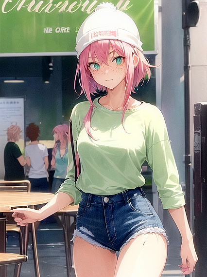 Freckled Beauty in Pastel Greens Drenched in Anime Passion