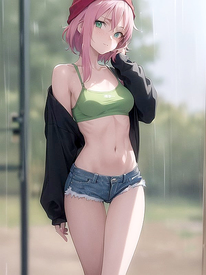 Freckled Babe in Green Clothing and Oversized Hoodie for steamy Hentai AI Image