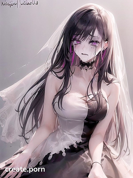 Goth Bride with Smudged Makeup Gives Kneeling Blowjob in No-Shirt Hentai