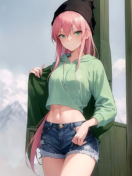 Freckled Beauty in Green Clothes and Oversized Hoodie Gets Wild in Hentai AI Image