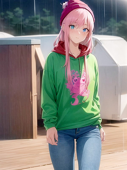Freckled Girl 18+ in Oversized Green Hoodie Gets Naughty in Hentai AI Image