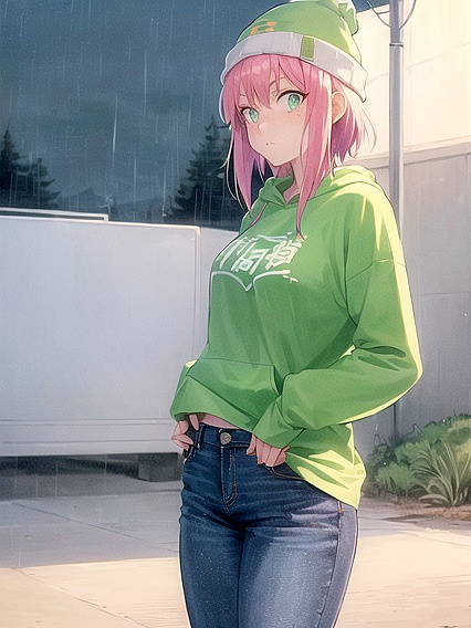 Freckled Beauty Wears Oversized Green Hoodie for Steamy Hentai AI Image