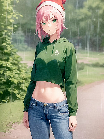 Freckled beauty in extra large green hoodie seduces in steamy Hentai AI Image