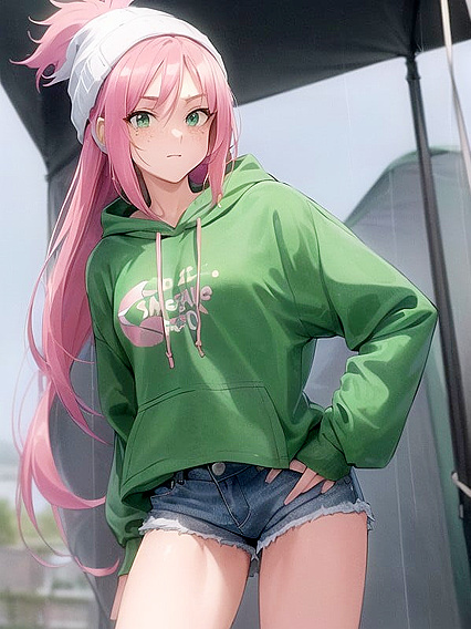 Freckled Cutie in Green Clothes and Oversized Hoodie Nails Hentai AI Image