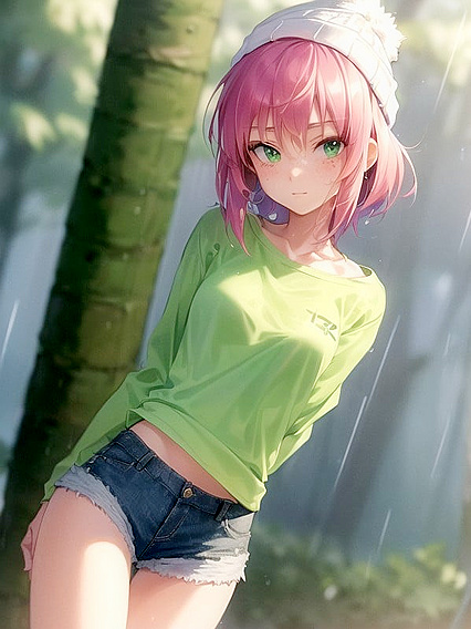 Freckled Beauty in Green Clothing and Oversized Hoodie Gets Naughty in Hentai AI Image