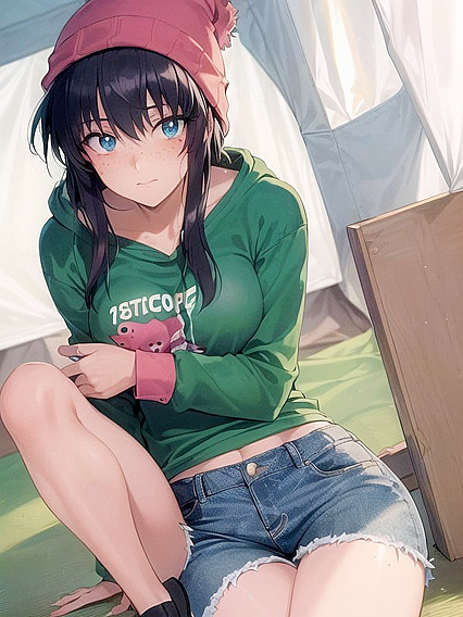 Freckled Girl 18+ in Green Clothes Wears Oversized Hoodie for Steamy Hentai AI Image