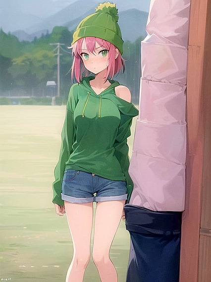Freckled Beauty in Green Clothes and Oversized Hoodie for Steamy Hentai AI Image