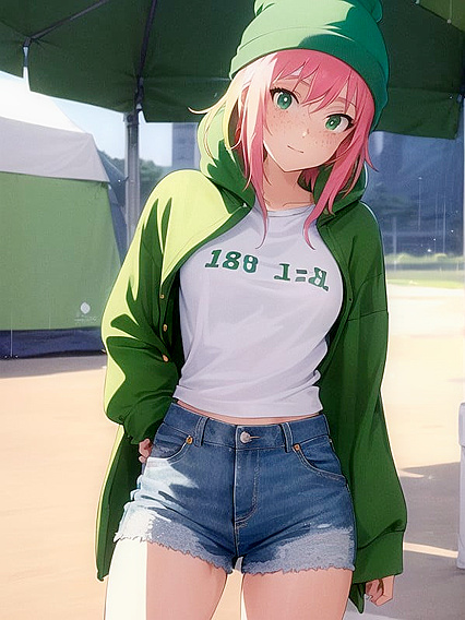 Freckled Girl 18+ in Green Clothing and XL Hoodie seduces in Erotic Hentai AI Image