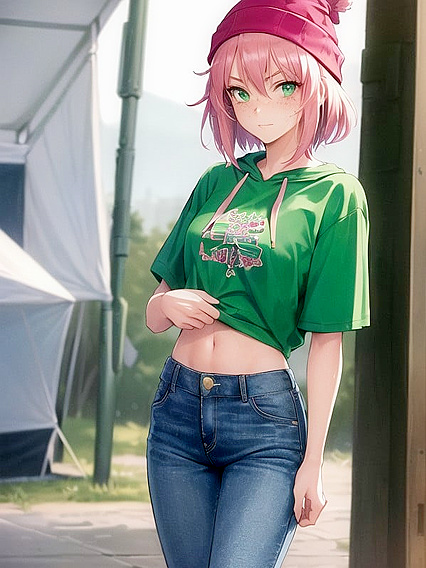 Freckled Beauty in Oversized Green Hoodie Takes On Intense Hentai AI Image