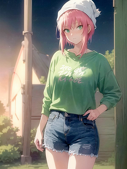Freckled Beauty in Green Outfit and Oversized Hoodie for Steamy Hentai AI Image