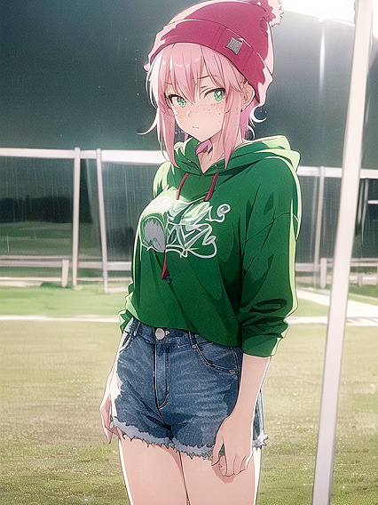 Freckled Girl 18+ in Green Clothes Wears Oversized Hoodie for Steamy Hentai AI Image