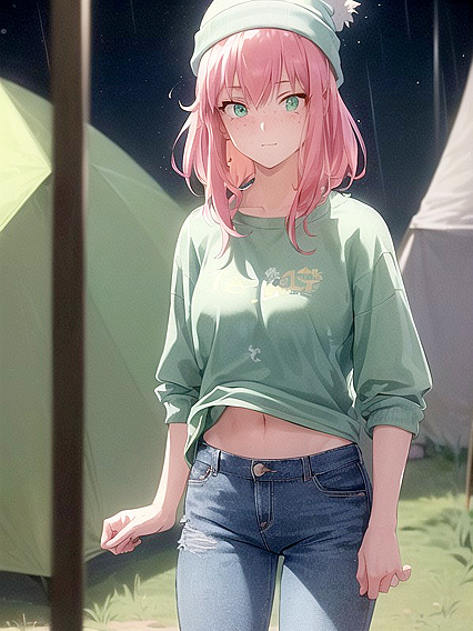 Freckled Girl 18+ in Green Clothes Wears Oversized Hoodie for Steamy Hentai AI Image