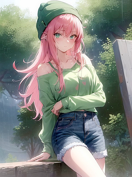 Freckled Beauty in Green Clothing Rocks an Oversized Hoodie in Steamy Hentai AI Image