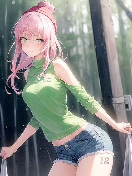 Freckled Beauty in Green Clothes and XL Hoodie for Steamy Hentai AI Image
