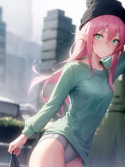 Freckled Beauty in Oversized Hoodie and Green Outfit Takes On Hot Hentai AI Image