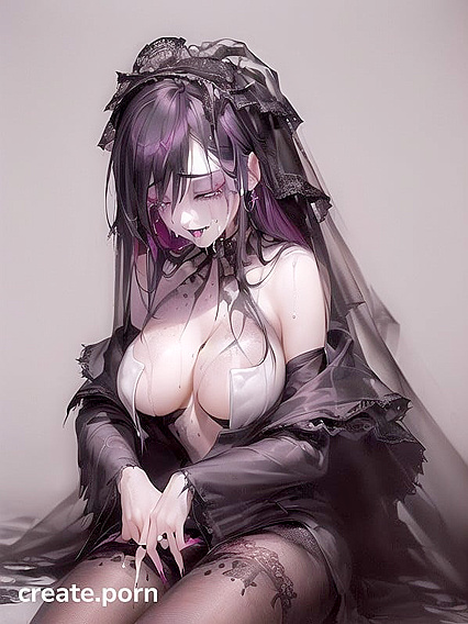 Goth Bride Tears Off Clothes, with Smudged Makeup for Drooling Blowjob Kneeling Hentai